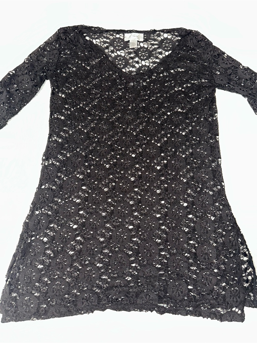 J Valdi Black Crochet Beach Coverup Mini Dress Sheer Boho Tunic Women’s Hippie S